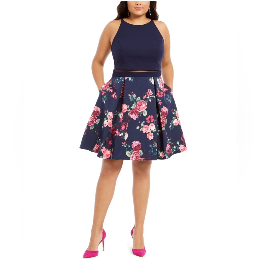 B. Darlin Womens Plus Floral Jewel Neck Fit & Flare Dress SZ 14 W